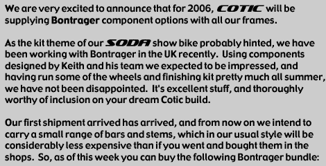 Cotic supplying Bontrager component options with frames