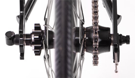 In between dropout spacing at 132.5mm. Run road or MTB hubs.